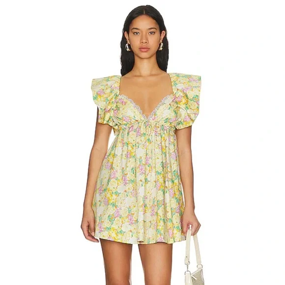 🎉Host Pick!🎉 For Love & Lemons Tamra Mini Dress | Yellow Floral | Size L | NWT - Picture 1 of 4